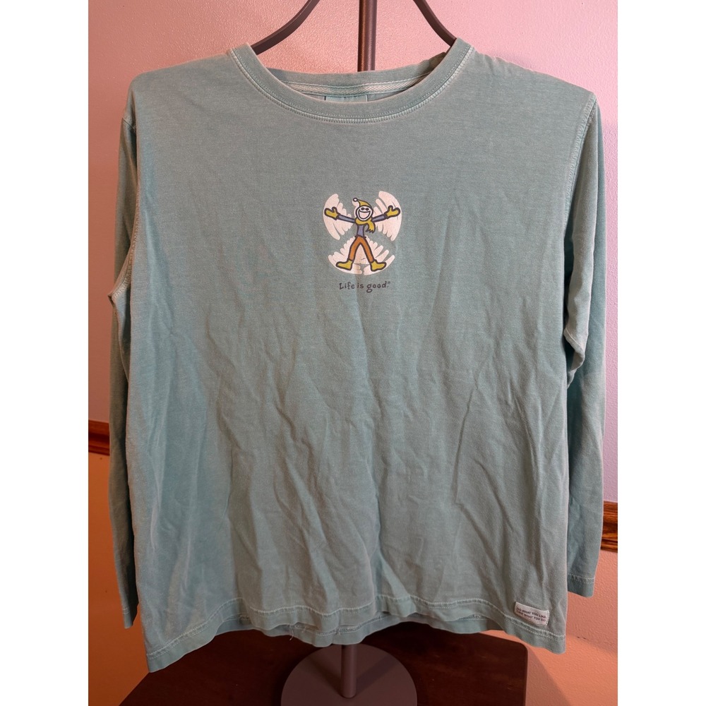 Life is Good Womens Long Sleeve Jake Snow Angel Graphic Tee Sage Green Medium